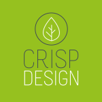 Logo featuring a thin-lined leaf inside a circle above the text CRISP DESIGN on a bright green background.
